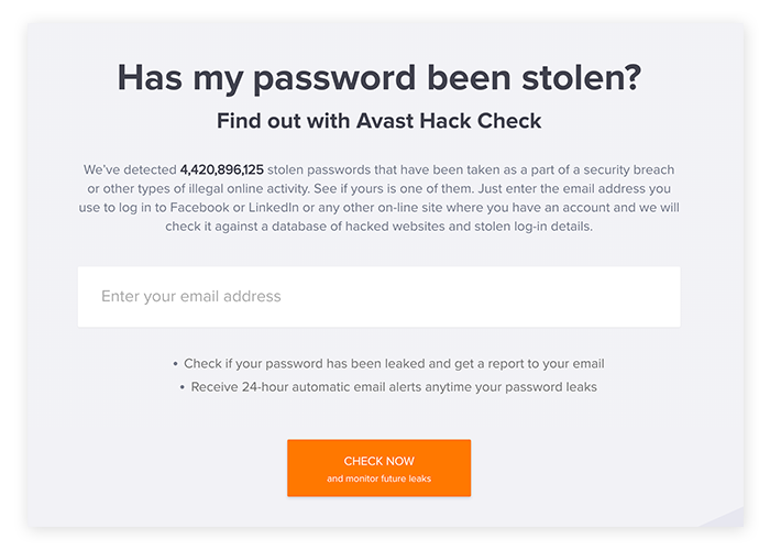 Avast HackCheck是一个快速且免费的资源，用于检查你的信息是否泄露。