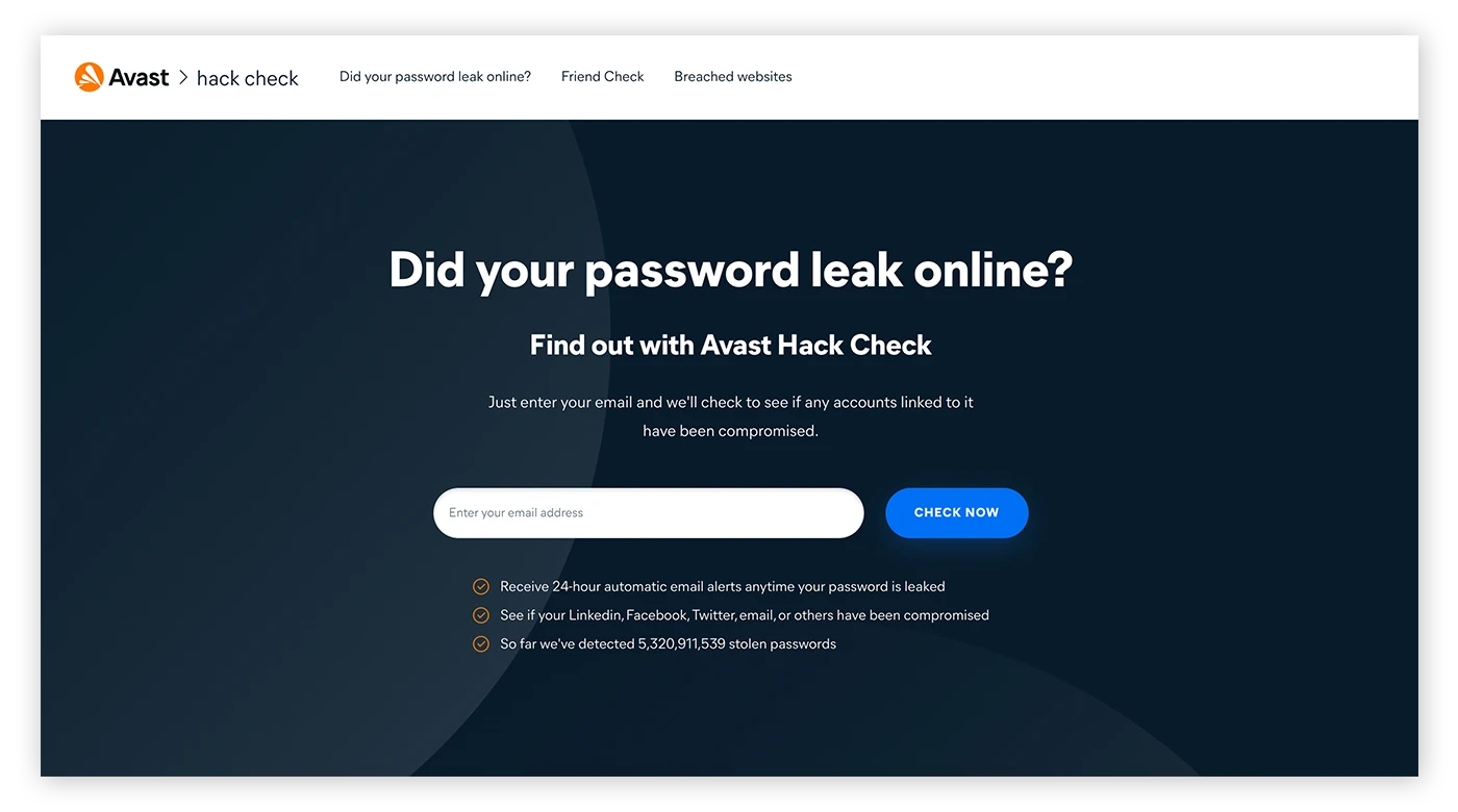 Avast Hack Check是一款检查您的个人数据是否被泄露的免费工具